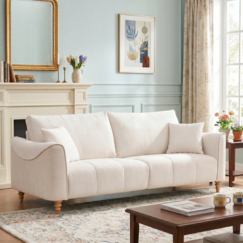 Canapé moderne à accoudoirs évasés à 3 places, lin texturé naturel, beige, Beige
