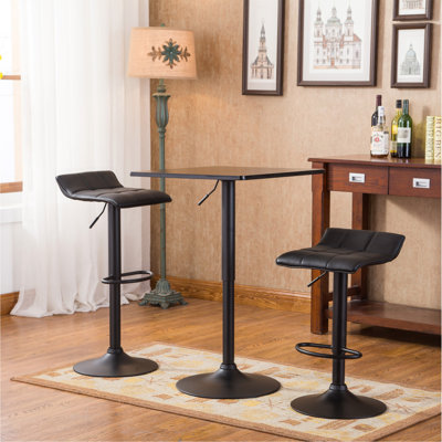 Black Square Top Adjustable Height with Black Leg And Base Metal Bar Table and 2 Swivel Black Bonded Leather Adjustable Bar Stool Bar Sets