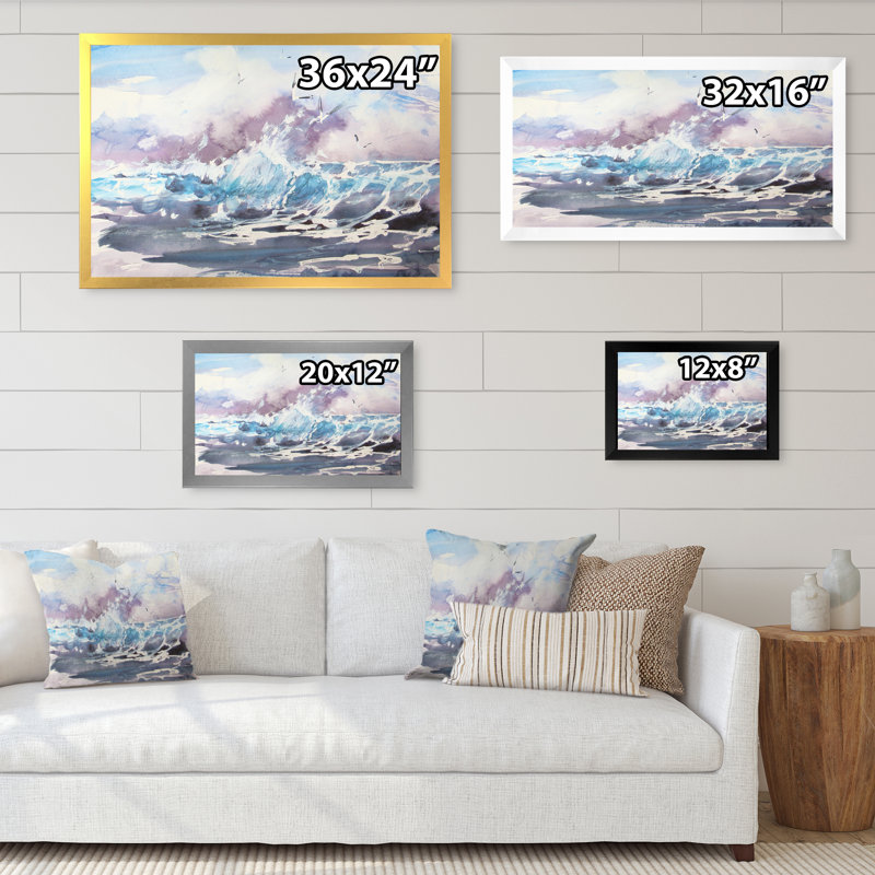 Vague et mouettes - reproduction d'art nautique et côtier sur toile, H 16 po x l 32 po x P 1 po, Cadre photo argenté