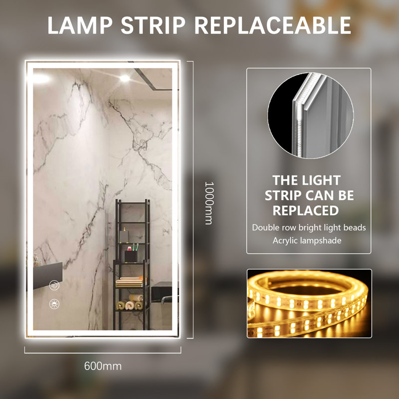 Miroirs de salle de bain à DEL sans cadre Ikeria avec antibuée, lumières à intensité variable et incassable, 40 po x 24 po
