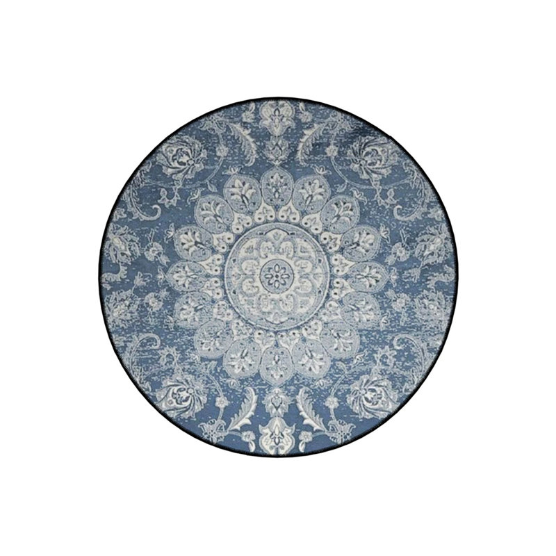 Blue Themed Ethnic Motif Traditional Patterned Round Woven Base Vintage Decorative Carpet, Round 4'
