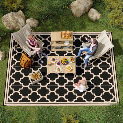 Reversible Outdoor Rug Carpet, 9' X 18' Waterproof Plastic Straw Rug, Portable Rv Camping Rugs With Carry Bag, Large Floor Mat For Backyard, Deck, Picnic, Beach, Black & Beige