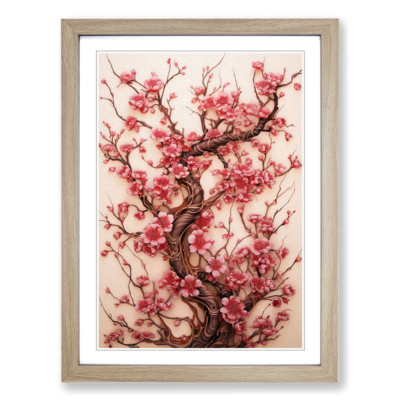 Cherry Blossom Tree Nouveau - Single Picture Frame Print on Wood, 64cm H x 46cm W x 2cm D, Oak Framed