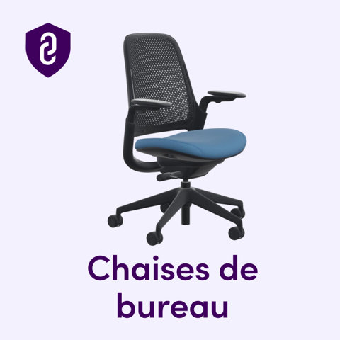 Chaise de bureau ergonomique noire avec siège bleu sur fond clair.