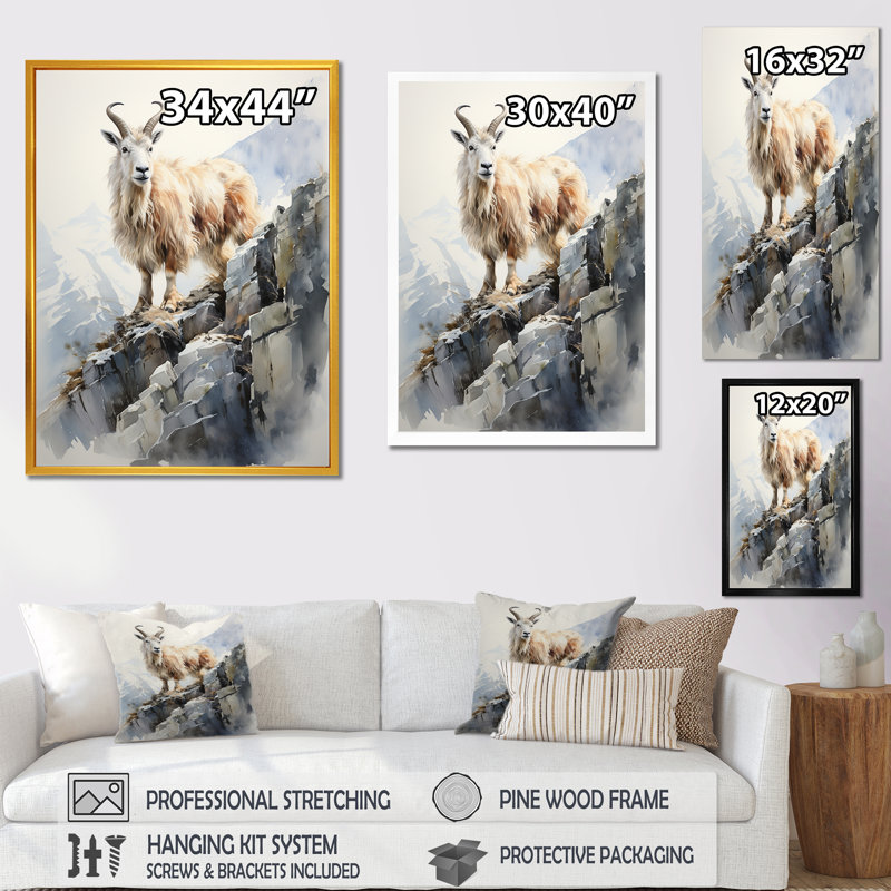 «Minimalist Goat Mountain Adventure I», art mural animal de chèvre, H 20 po x l 12 po x P 1 po, Toile tendue