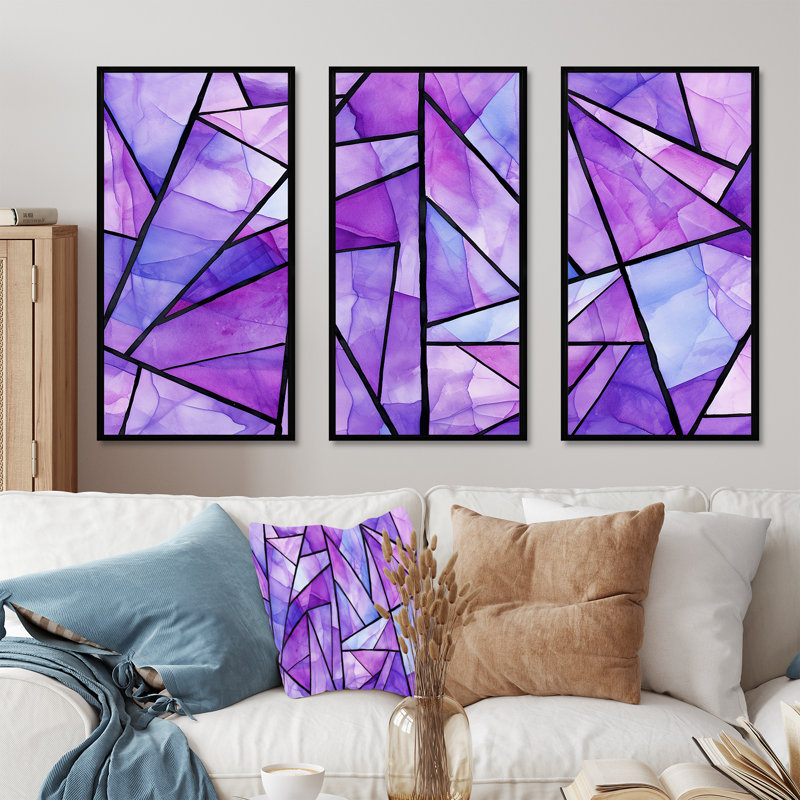 Mauve et bleu - art mural géométrique, H 28 po x l 36 po x P 1 po, Cadre flottant noir