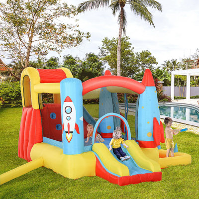Outsunny Kids Inflatable Water Slide, 4In1 Bounce House Jumping Castle With 2 Slides, Climbing Wall, Trampoline, & Water Pool Area, Air Blower