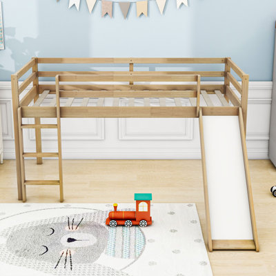 Twin Wood Low Loft Bed With Built-In Ladder And Slide