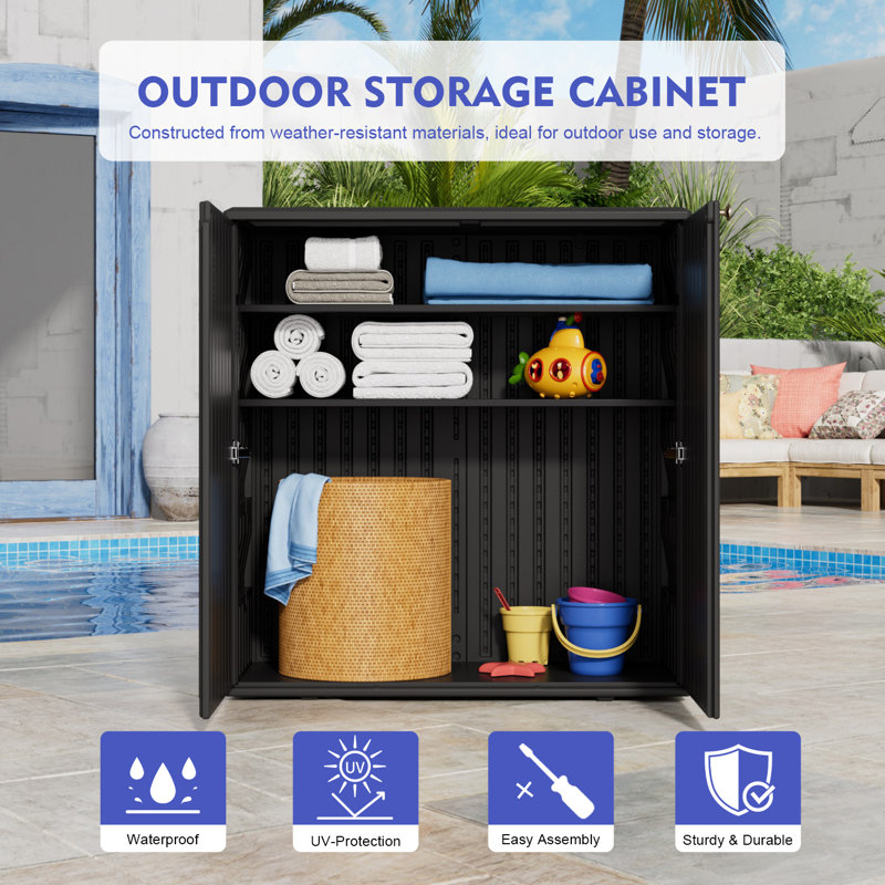 Outdoor 34.3"W x 36.2"H Plastic Vertical Storage Shed With One Shelf, Gray
