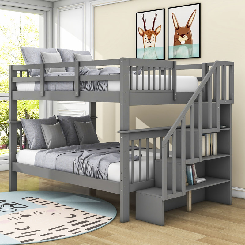 Lit superposé double en bois avec tablettes de rangement, gris