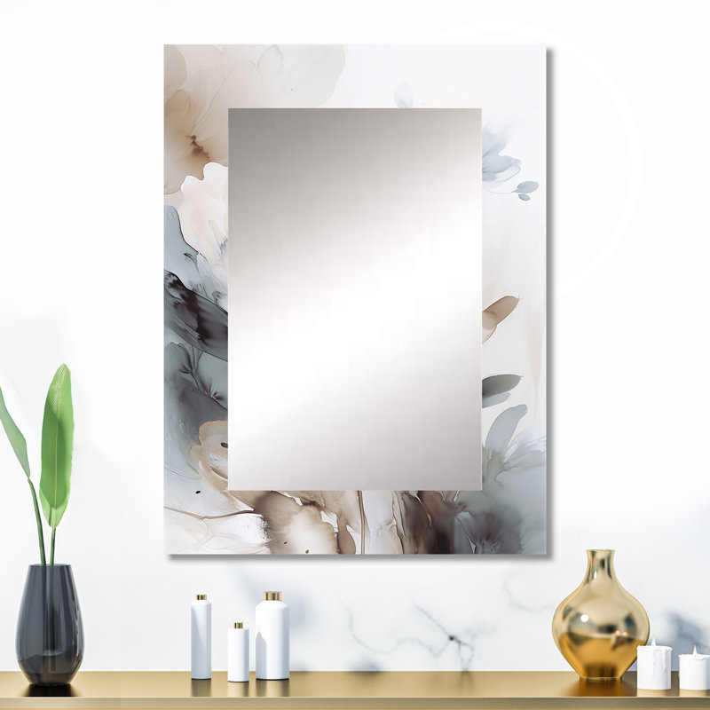 Delicate Gray Flowers IV - Miroir mural décoratif floral, miroir traditionnel, impression d'art en métal, 32 po x 24 po