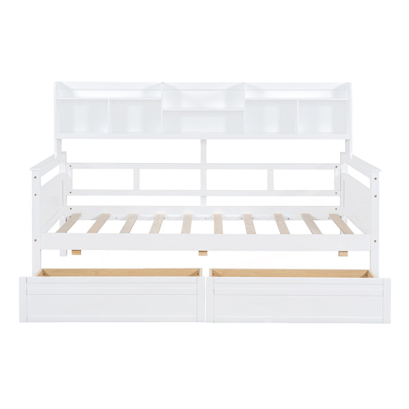 Daybed, Wood Slat Support, With Bedside Shelf And Two Drawers, White, Twin