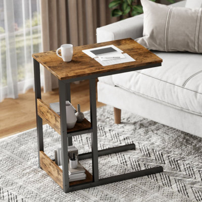 C-Shaped End Table, Slide Under Sofa Couch Side Table, TV Tray Table with Metal Frame, Space-Saving Sofa Table for Small Spaces Living Room Bedroom, Rustic Brown