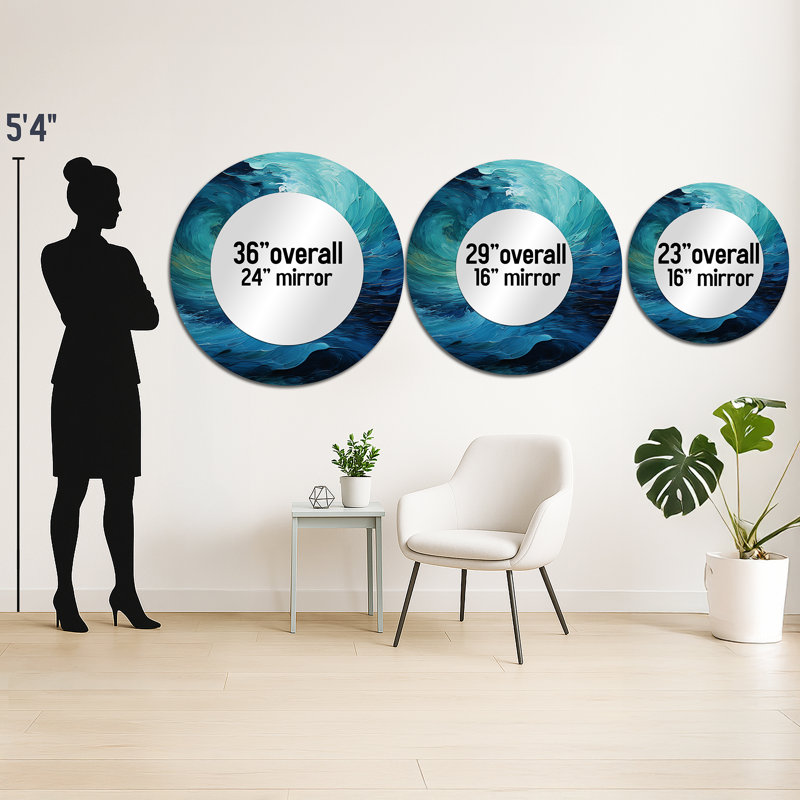 Aqua Blue And White Serenity Swirl II - Abstract Spirals Large Mirror, Modern Round Decorative Wall Mirror, Printed Metal Art