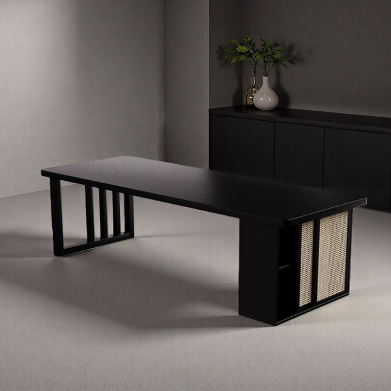 Bureau rectangulaire en bois de frêne noir avec rangement en rotin, H 29,52 po x l 94,48 po x P 39,37 po