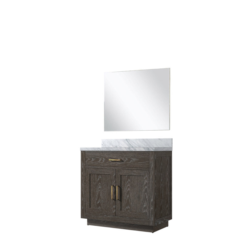 Single Bath Vanity 36 In. W X 22 In. D, Carrara Marble Countertop And 34 In. Mirror, Brown Oak