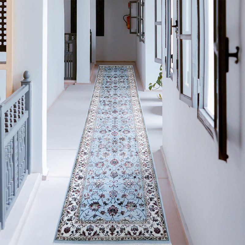 Tapis oriental bleu clair / ivoire noué à la main Oriental, Tapis de couloir 2 pi 6 po x 12 pi