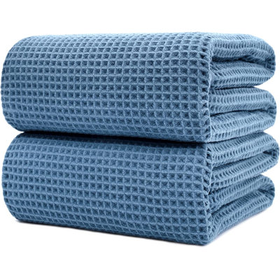 Ensemble de 2 serviettes de bain ultra-fines à séchage rapide non pelucheuses en fibres 70 x 35 pouces (bleu, tissé gaufré)