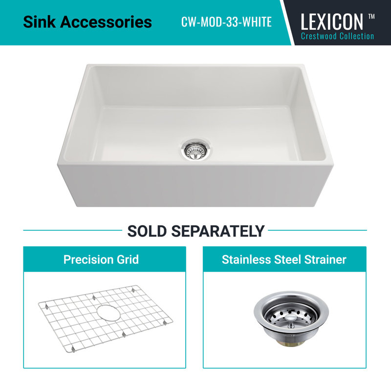 33" Crestwood Fireclay Kitchen Sink, Farmhouse Sink, Rectangle Single Bowl Apron Front, Plain Ceramic Farm sink, White