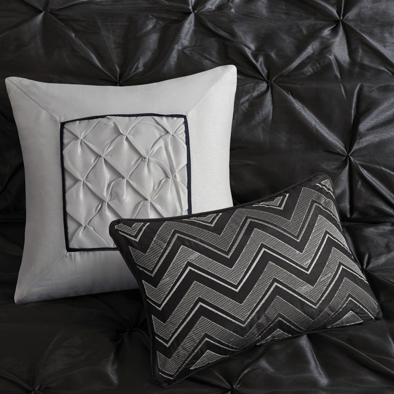 King Black Microfiber Pintuck Comforter Set with Decorative Pillows