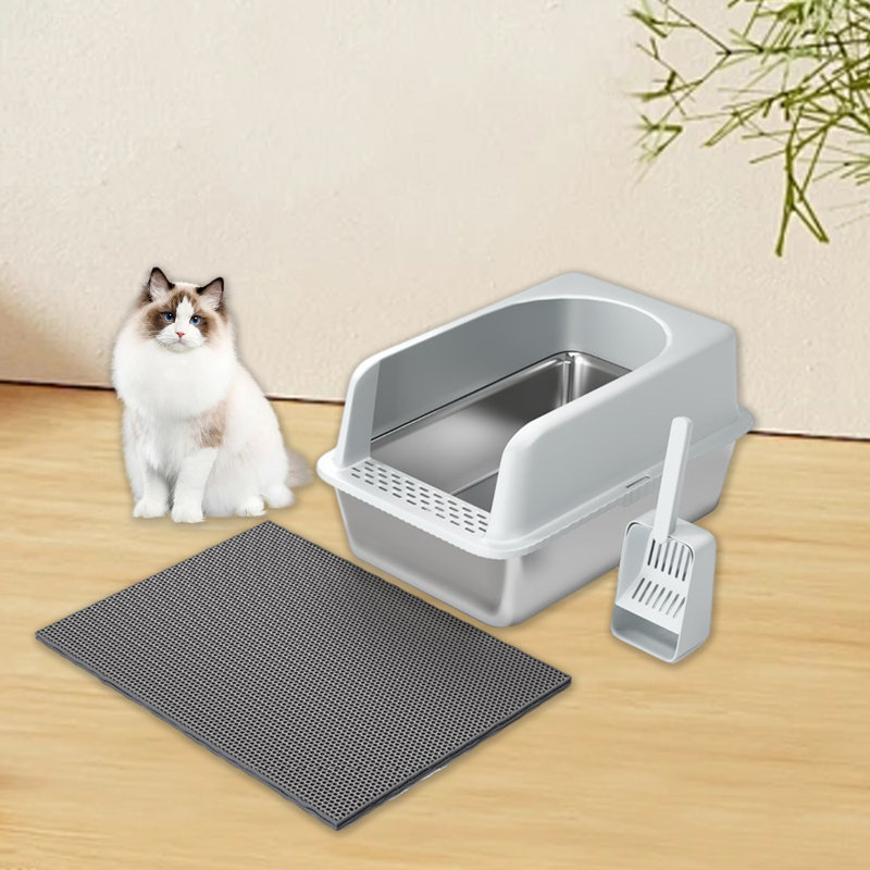 Cat Litter Box With Cat Litter Mat Shovel Multifunctional, Light Gray