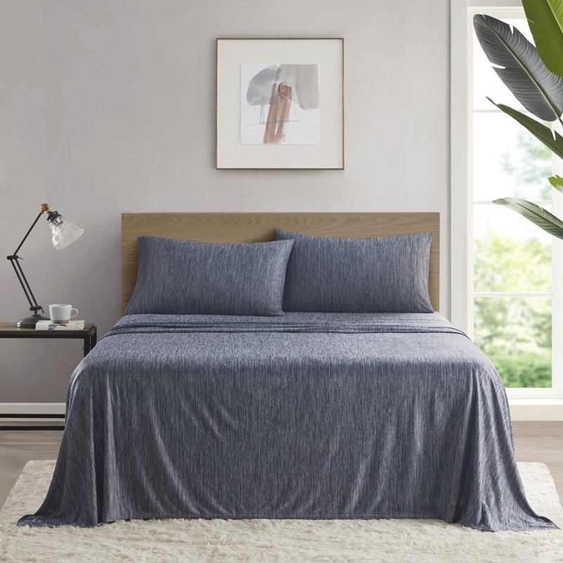 Printed Microfiber Comfort Cool Jersey Knit Nylon Blend Sheet Set, Navy, Twin Sheet Set with 1 Pillowcase