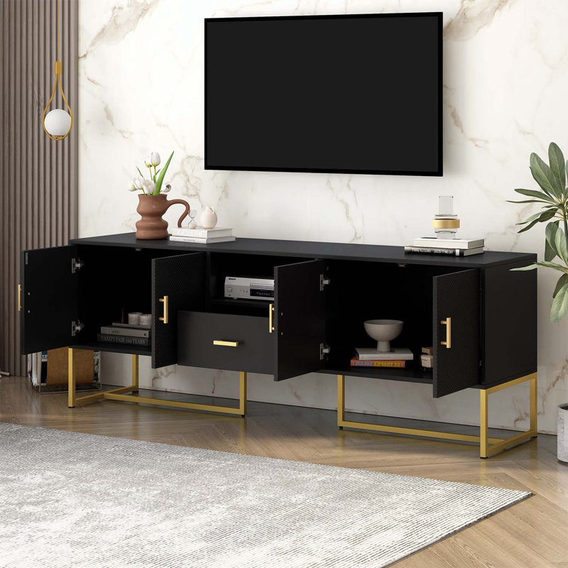 Console avec 1 tiroir, 2 armoires et pieds en métal, Noir, Noir et or