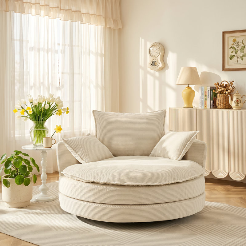 Fauteuil demi-tonneau en velours côtelé l 57,5 po x P 56,5 po x H 35,25 po Omni
