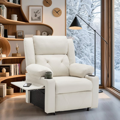 33.5" Wide Modern Anti-Scratch Upholstered Single Motor Power Standard Chair - Heated Vibration Recliner With Tray Table & Dual Cup Holders by Latitude Run