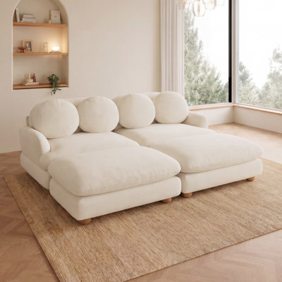 Comfy  Chenille Loveseat Sofa, 4 Seater Deep Seat Couch with 4 Throw Pillows,Movable Ottoman,Solid Wood Frame for Living Room, Bedroom,Beige