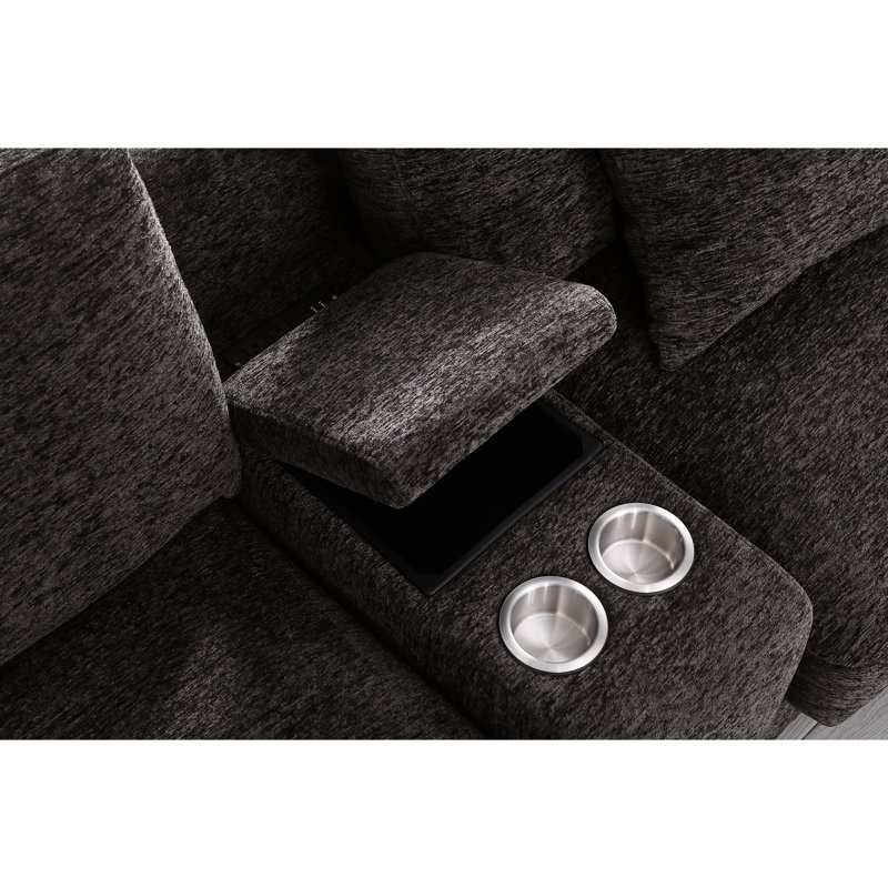 En forme de U avec 4 sièges, dossier à coussin mi-ferme, accoudoirs carrés, flanelle café, deux repose-pieds, console porte-gobelets et siège modulaire à 4 ports de charge, habillage en flanelle, encastré