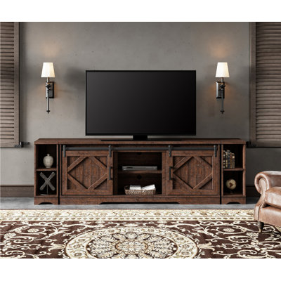 Farmhouse TV Stand With Sliding Barn Door For Tvs, Entertainment Centre With Adjustable Shelf And Storage Cabinets, Media Console Table For Living Room,Hallway,Rustic Brown