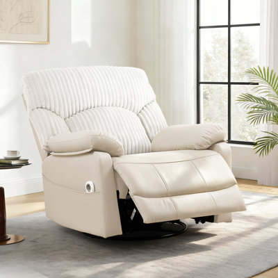 Fauteuil inclinable oscillant électrique moderne en velours côtelé, fauteuil inclinable pivotant avec massage chauffant et ports de charge, beige
