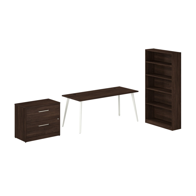 Bush Business Furniture Vista 72W Desk With Splayed Metal Legs, Lateral File Cabinet, And Bookcase, Walnut