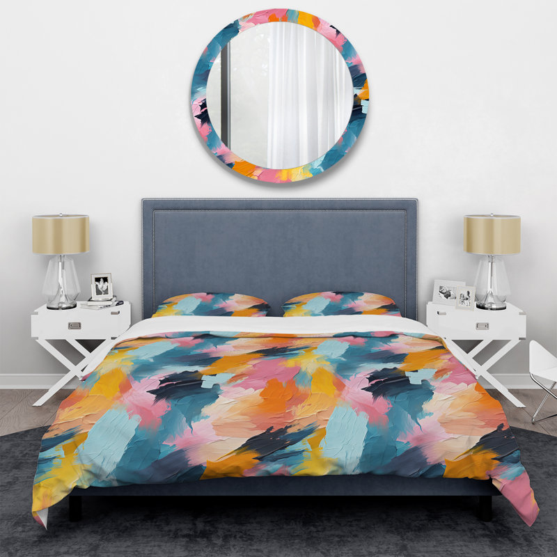 Literie bleu et rose Synergy II, Housse de couette pour grand lit et 2 taies décor