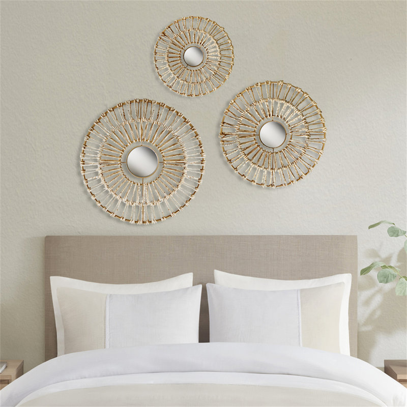 Gold Corn Husk Wrapped Round Decorative Mirror Set