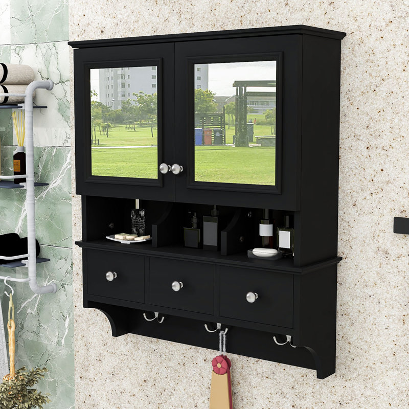 Armoire de salle de bain murale élégante - avec miroirs haute définition, tiroirs, Noir