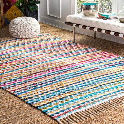 Tapis bleu / crème / multicolore en chiffon fabriqué à la main par Christiansen