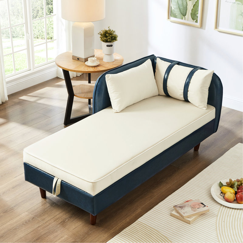 Chaise longue simple 65 "beige et bleue contemporaine avec coussins et rangement caché