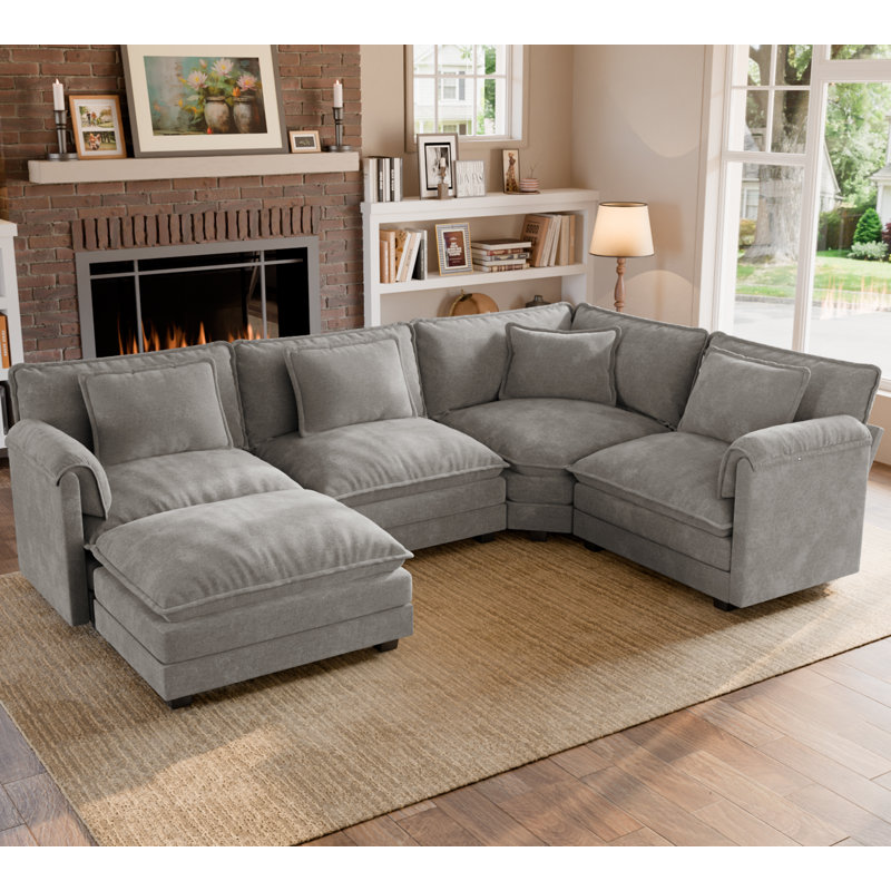 Canapé 5 pièces modulaire en U rembourré d'angle avec repose-pieds 114 po en tissu chenille, Gris chenille