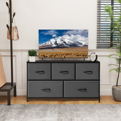 Commode avec 5 tiroirs en tissu, grande commode pour la chambre à coucher, grande commode en tissu pour le salon