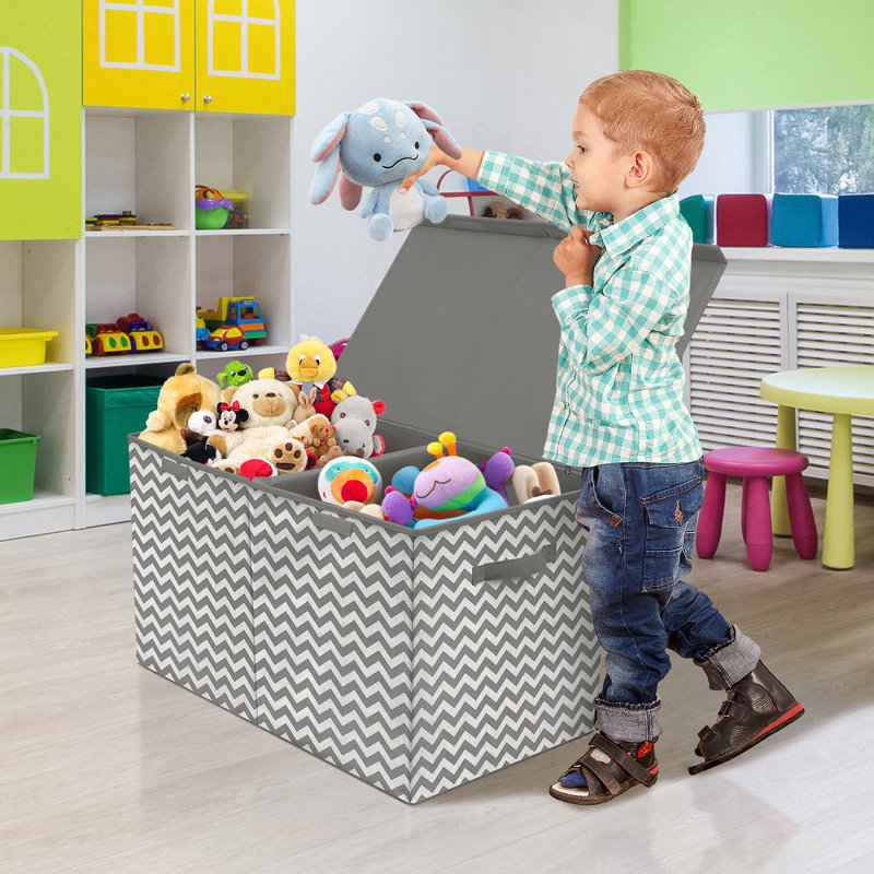 Silver Chevron Large Collapsible Toy Storage Chest with Lid