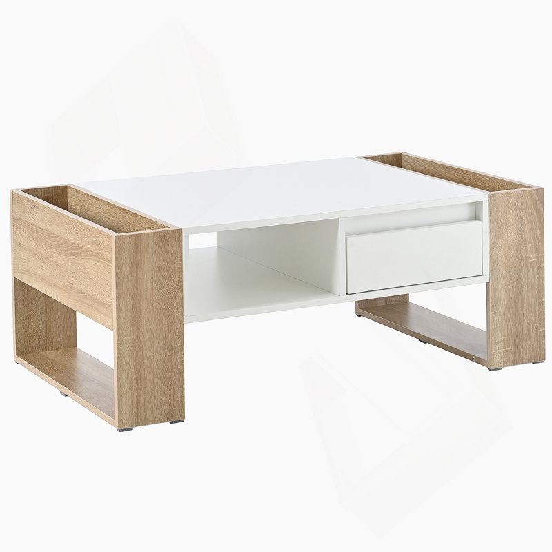 Table basse très brillante avec 2 tiroirs, table basse pratique à deux tons avec compartiments cachés