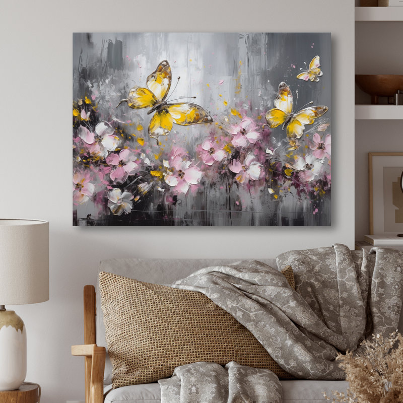Fleurs de Rozalin avec papillons blancs IV sur toile, H 30 po x l 40 po x P 1,5 po, Toile tendue