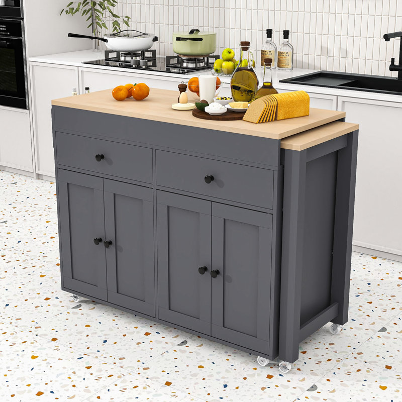 Îlot de cuisine multifonctionnel avec table de salle à manger extensible et rangement spacieux, Gris
