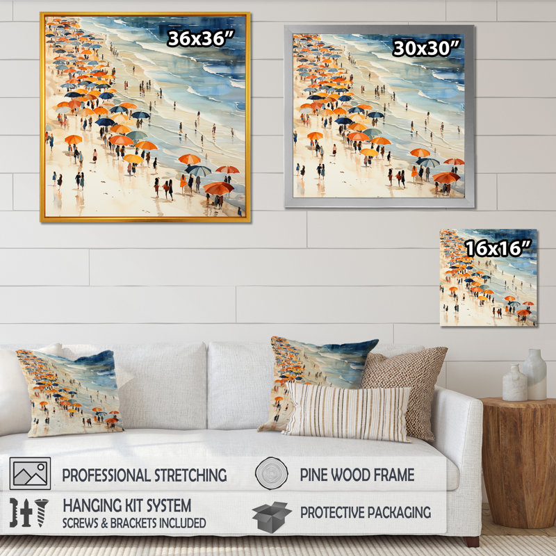 Parasol orange, jour de plage, tranquillité III - Beach People, art mural, Toile tendue, H 36 po x l 36 po x P 1,5 po