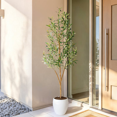 Olivier artificiel de 1,5 m avec tronc en bois naturel, feuilles et olives en soie réalistes, plante en pot noir pour la décoration intérieure et extérieure (salon, bureau, entrée, terrasse).