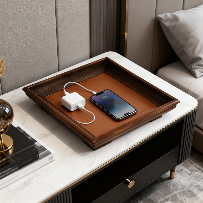 Plateau en bois de noyer massif et en cuir - Organisateur de décoration pour les télécommandes, les clés et les articles essentiels - Solution de rangement minimaliste d'inspiration nordique