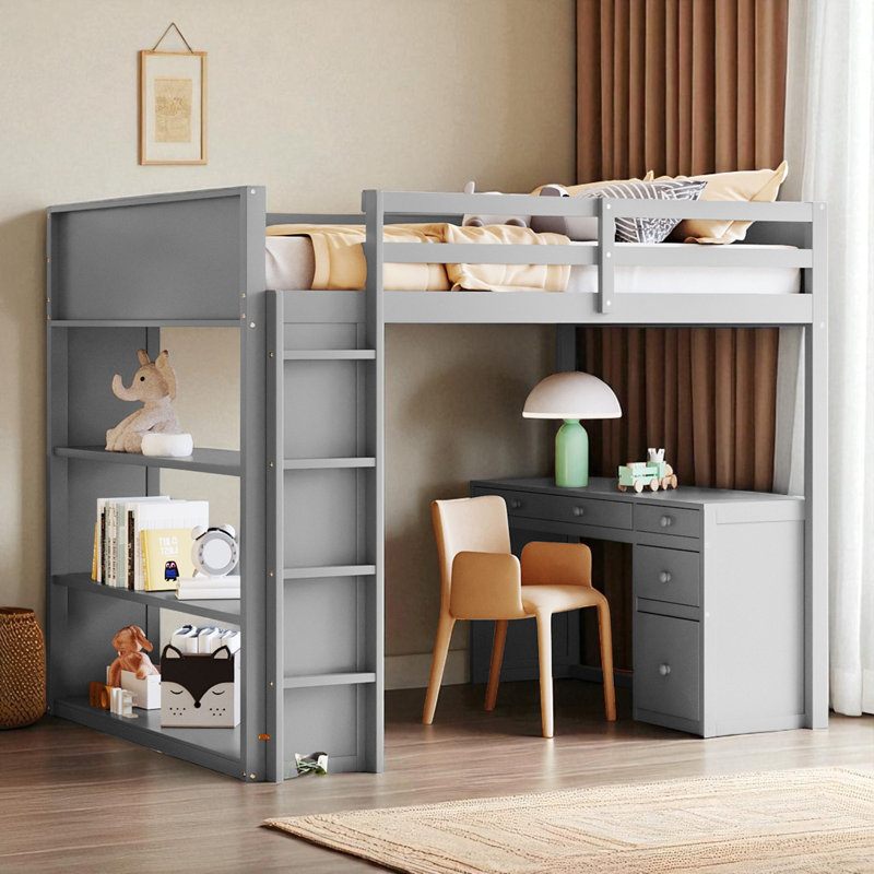 Lit mezzanine avec bureau intégré et rangement, Double, Gris