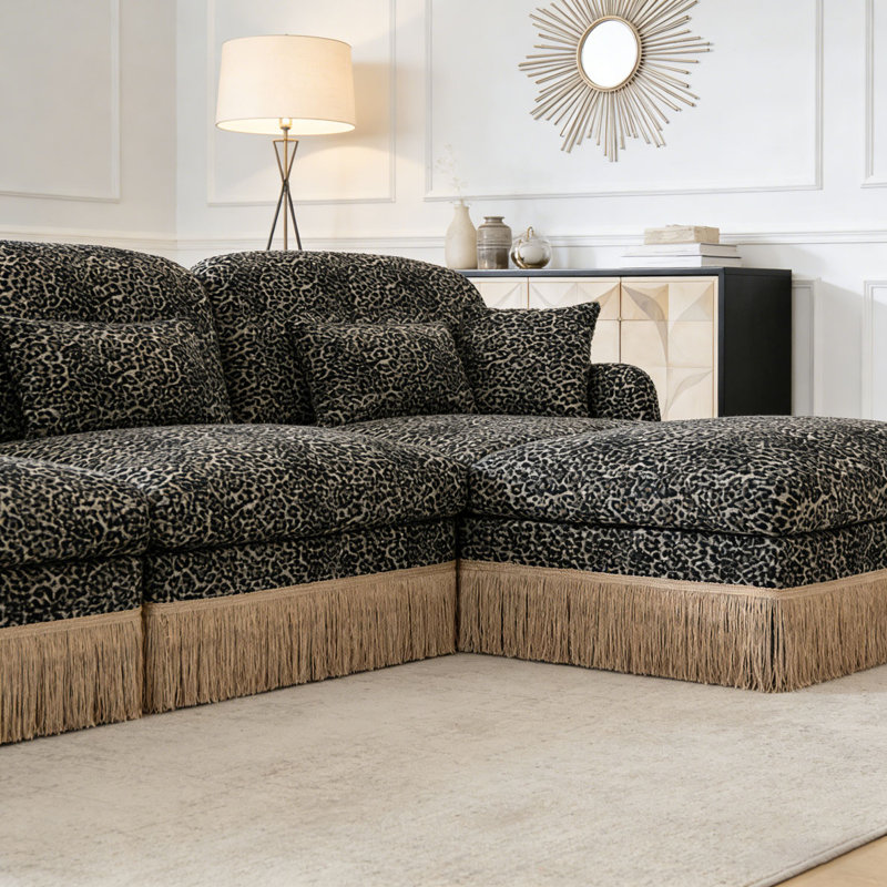 Comfy Chenille Leopard Printing Sofa,Delicate Tassel Edge,Movable Ottomans,Modern Fashion Style, khaki+3seat+1Ottomans